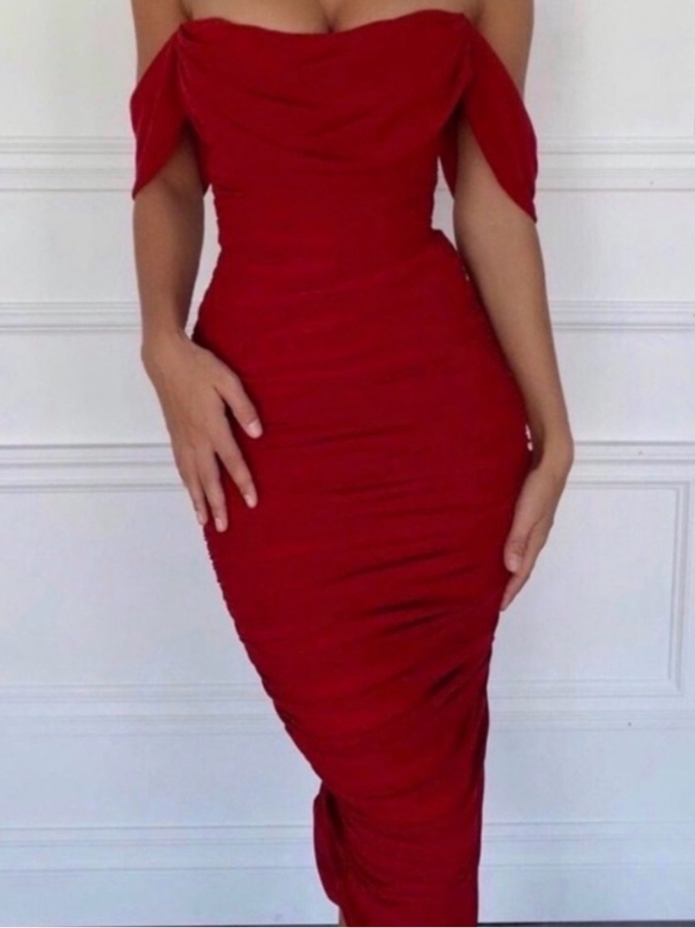 House of CB Red Off-Shoulder Ruched Midi Dress